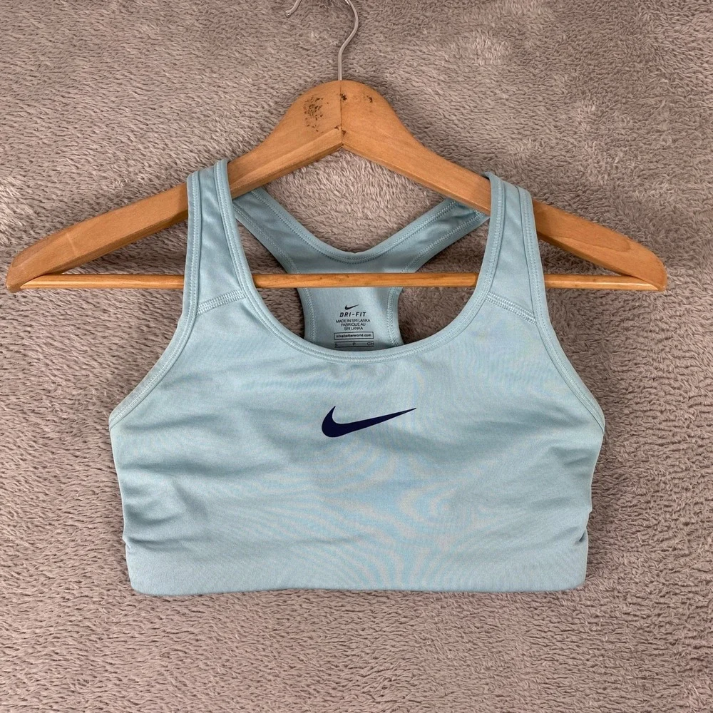 Nike Sports Bra Womens Small Light Blue Dri-Fit Racerback Swoosh Activewear